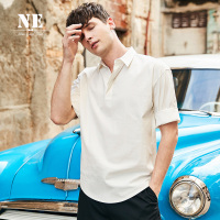 伯爵卓尔男衬衫2018夏季新品简约休闲纯色翻领七分男士潮短袖衬衫