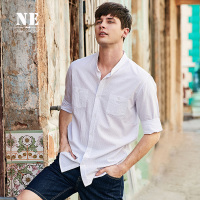 伯爵卓尔男衬衫2018夏季新品简约休闲白色七分立领男士潮短袖衬衫