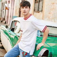 伯爵卓尔男短袖2018夏季新款学院风撞色圆领开叉白色男士短袖T恤