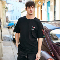 伯爵卓尔半袖男T恤 2018夏季英伦刺绣圆领体恤 黑色休闲男短袖T恤