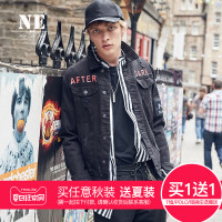 伯爵卓尔2017秋新品破洞牛仔夹克男字母印花外套英伦潮牌时尚黑色