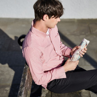 伯爵卓尔条纹衬衫男18秋季新品粉色休闲长袖衬衣修身帅气韩版上衣