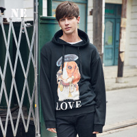 伯爵卓尔男卫衣青年2018春季新款动物印花连帽黑色潮男士卫衣外套