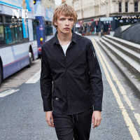 伯爵卓尔2017秋季新品 字母印花男长袖衬衫 休闲黑色青年翻领衬衣