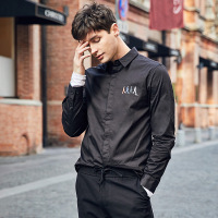 伯爵卓尔男衬衣青年2018春季新款白黑翻领印花休闲外套男长袖衬衫