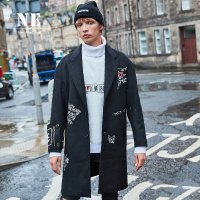 伯爵卓尔男羊毛大衣韩版17秋冬中长款刺绣印花呢子外套男毛呢大衣