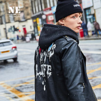 伯爵卓尔2017秋季翻领铆钉印花修身青年潮流黑色男士皮衣外套