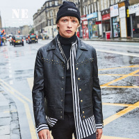 伯爵卓尔秋季简约时尚青年修身翻领铆钉潮流男士皮衣外套