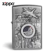 zippo正品打火机 正版芝宝专柜防风打火机联合军花砂镀铬徽章