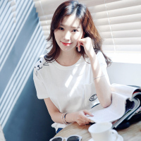 韩都衣舍2018韩版女装夏装新款宽松显瘦刺绣圆领短袖T恤KY7942湲 L 白色