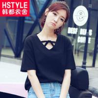 韩都衣舍2018韩版女夏装新款宽松V领绑带打底显瘦短袖T恤TK7261婏 M 白色