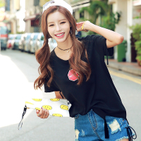 韩都衣舍2018韩版女夏新款印花撕破短袖T恤OJW8280甦 S 粉色