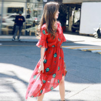 韩都衣舍2018韩版夏季新款碎花气质收腰不规则雪纺连衣裙女LZ6761 L 红色