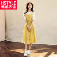 韩都衣舍2018韩版女装夏装新款抽绳长款纯色吊带连衣裙女IG6524僥 M 红色