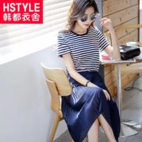 韩都衣舍2018夏女韩版短袖条纹雪纺套装裙两件套连衣裙女IG6931僥 S 藏蓝色