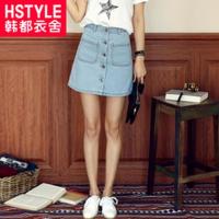 韩都衣舍2018韩版女装夏装新款纽扣牛仔裙短裙A字半身裙LZ5105烎 L 浅蓝色