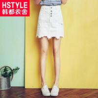 韩都衣舍2018韩版女装夏装新款高腰短裙A字牛仔裙半身裙GJ6522茆 S 黑色