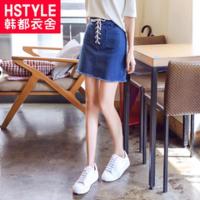 韩都衣舍2018韩版女装夏装新款系带纯色直筒短裙半身裙女IG6845僥 S 宝蓝色