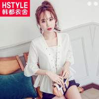 韩都衣舍2018韩版女装夏装新款薄款显瘦五分袖V领雪纺衫YK6393鲲 XS 粉色