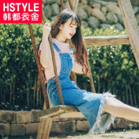 韩都衣舍2018韩版女夏装新款纯色显瘦毛边牛仔背带连衣裙GJ6553茆 L 蓝色