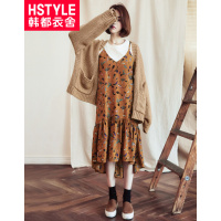 韩都衣舍2018韩版夏款荷叶边印花吊带中长款连衣裙女IG6760肆 褐色 S S 褐色