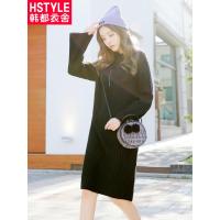 韩都衣舍2018秋装新款女装韩版中长款喇叭袖黑色连衣裙IG8169僥