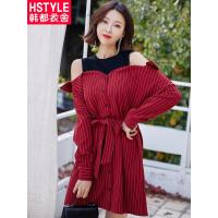 韩都衣舍2018新款女装秋装宽松韩版条纹拼接露肩连衣裙MR7972汩