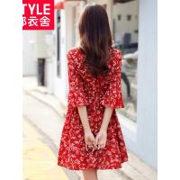 韩都衣舍2018秋装新款sukol裙子少女雪纺碎花V领小清新连衣裙LZ烎