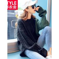 韩都衣舍2018韩版女装秋装新款套头宽松撞色针织衫毛衣JM8460發
