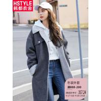 韩都衣舍2018韩版女装冬装新款中长款宽松拼接羊羔绒棉衣OK1039晽