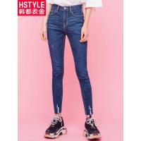 韩都衣舍2018韩版女装秋装新款修身毛边磨破弹力牛仔裤女HO9410魭