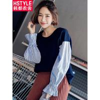 韩都衣舍2018秋装新款女韩版宽松条纹打底衫喇叭袖T恤女NJ12313翝