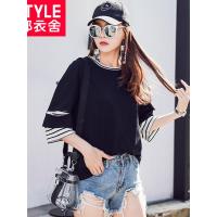 韩都衣舍2018新款女装秋韩版条纹假两件秋天黑色短袖T恤NW9875棽