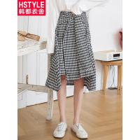 韩都衣舍2018秋装新款女装中长款高腰格子不规则半身裙EK8985囡