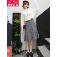 韩都衣舍2018秋装新款韩版女装千鸟格鱼尾a字中长半身裙OR8120槿