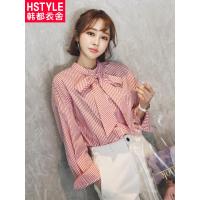 韩都衣舍2018秋装新款韩版女装蝴蝶结竖条纹立领长袖衬衫JM9399蒖