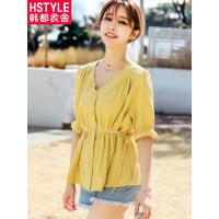 韩都衣舍2018早秋新款女装韩版收腰上衣怪味少女v领衬衫GD00056聖