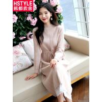 韩都衣舍2018秋装新款女韩版蕾丝拼接裙子针织中长款连衣裙DU8834