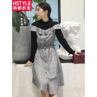 韩都衣舍2018秋装新款女装韩版假两件格子裙子中长连衣裙IG8184僥