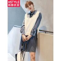 韩都衣舍2018新款女装秋装韩版纯色显瘦两件套开衩连衣裙CQ8375莀