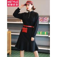 韩都衣舍2018韩版女装秋装新款纯色显瘦荷叶边长袖连衣裙LU8147荃