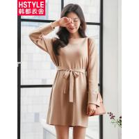韩都衣舍2018新款女装秋装韩版V领收腰针织裙短裙连衣裙LZ8331烎