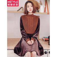 韩都衣舍2018韩版女装秋装新款气质丝绒假两件长袖连衣裙JN7886埕