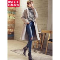 韩都衣舍2018新款女装冬装纯色显瘦开衩中长款毛呢外套CQ8433莀