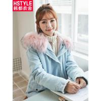 韩都衣舍2018冬装新款女韩版大毛领牛仔chic加厚棉衣RW8240瑒0925