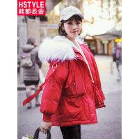 韩都衣舍2018冬装新款女装韩版毛领连帽宽松大版棉衣棉服IG8182僥