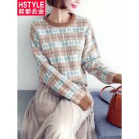 韩都衣舍2018秋装新款女装韩版宽松圆领格子毛针织衫MM9625煜