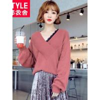 韩都衣舍2018韩版女装秋装新款宽松V领蕾丝针织衫毛衣女HO10346魭