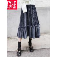 韩都衣舍2018秋装新款女复古丝绒中长款百褶a字半身裙DU8576於