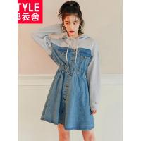 韩都衣舍2018新款女装秋装韩版收腰显瘦连帽牛仔连衣裙CQ8454莀